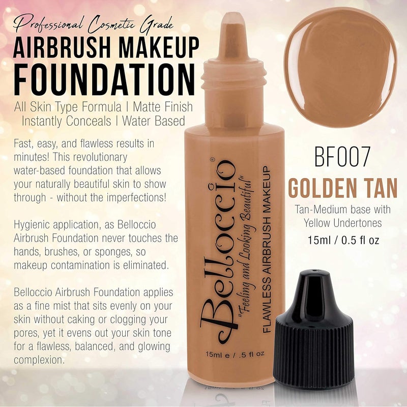 Belloccio Professional Airbrush Makeup Foundation - Golden Tan with Medium Yellow Undertones, 0.5oz - Image 2